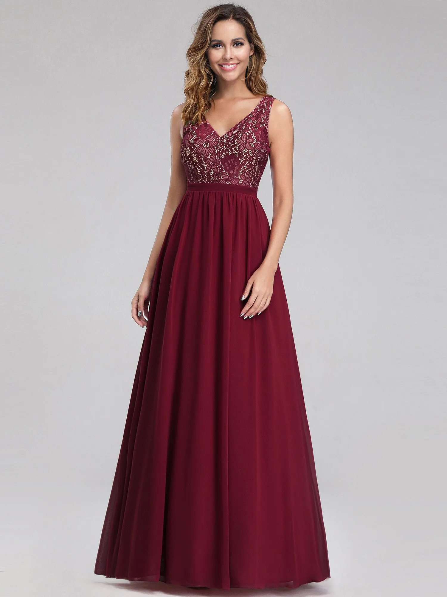 Ever-Pretty Sleeveless V neck Long Evening Dress with Lace Bodice EZ07593