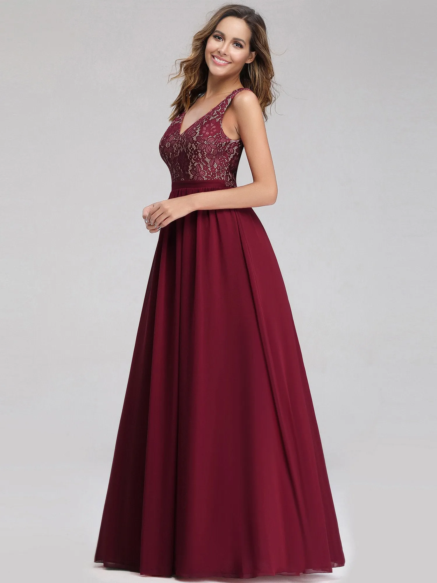 Ever-Pretty Sleeveless V neck Long Evening Dress with Lace Bodice EZ07593