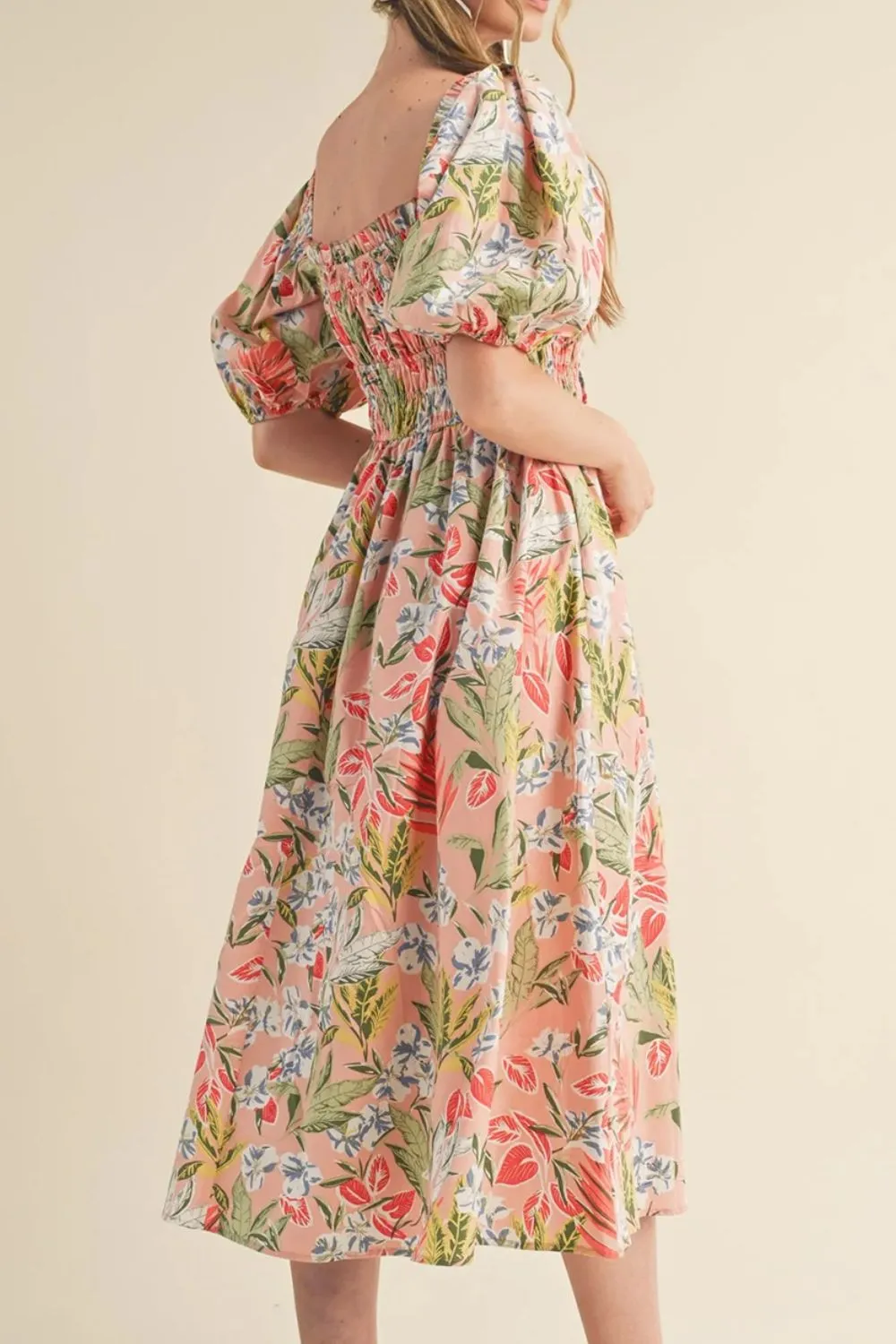 Floral Smocked Square Neck Puff Short Sleeve Midi Dress