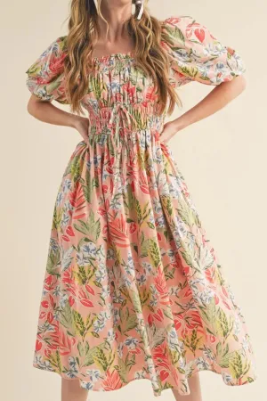 Floral Smocked Square Neck Puff Short Sleeve Midi Dress