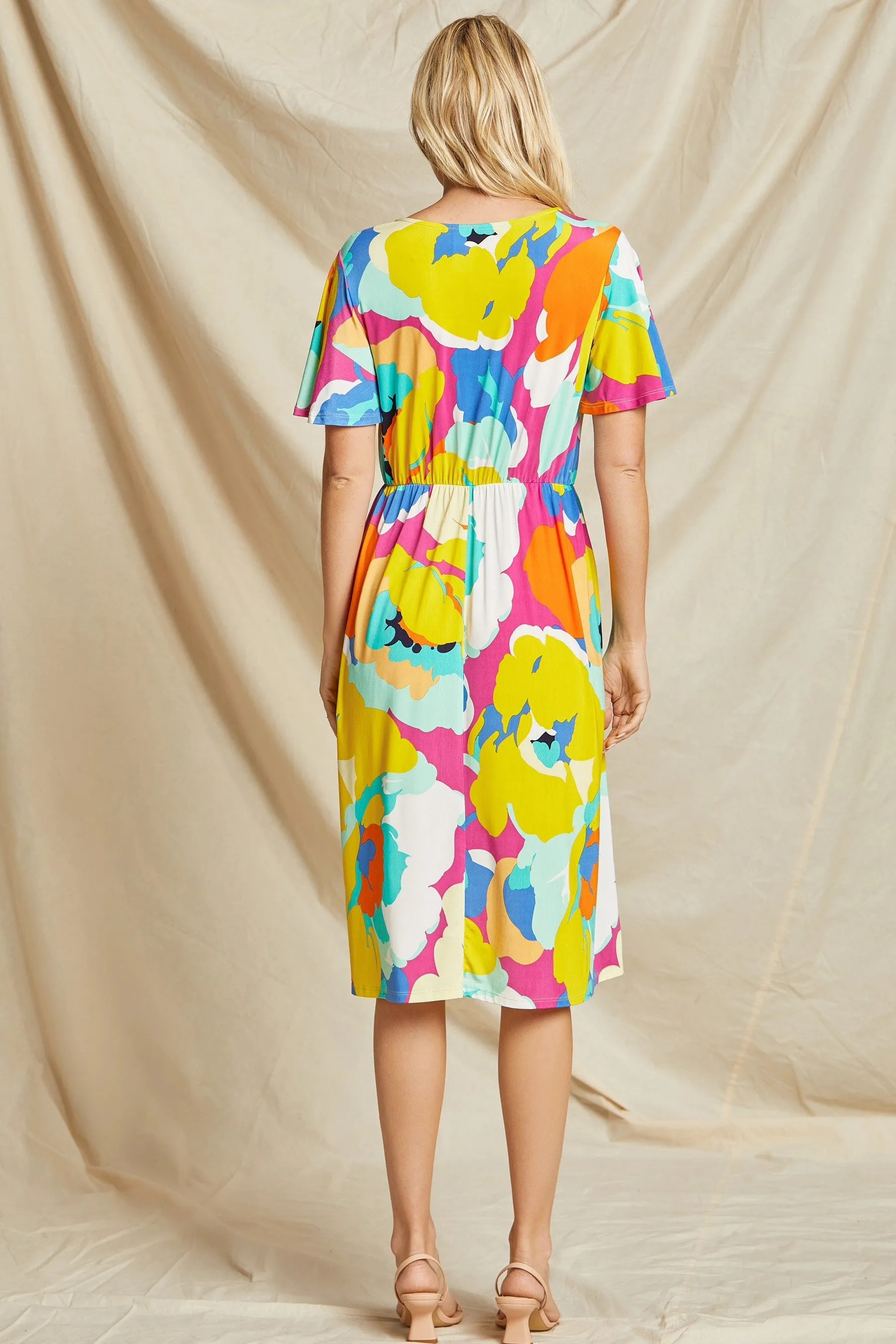 Floral Wrap Midi Dress in Fuchsia/Yellow/Royal FINAL SALE