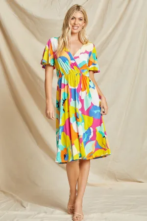 Floral Wrap Midi Dress in Fuchsia/Yellow/Royal FINAL SALE