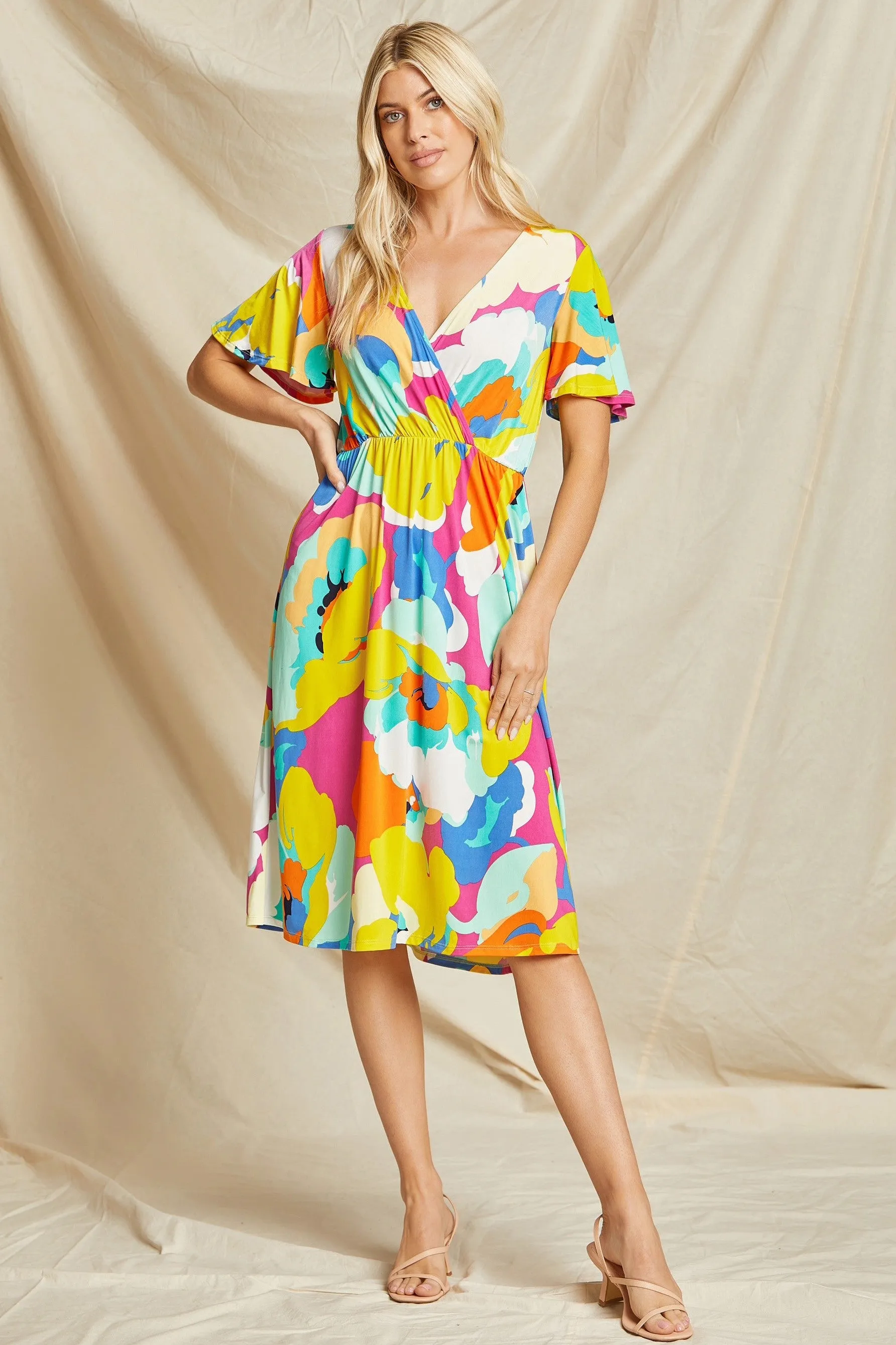 Floral Wrap Midi Dress in Fuchsia/Yellow/Royal FINAL SALE