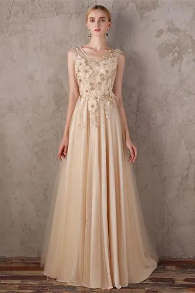Flowy V-neck Lace Up Long Tulle Prom Dress