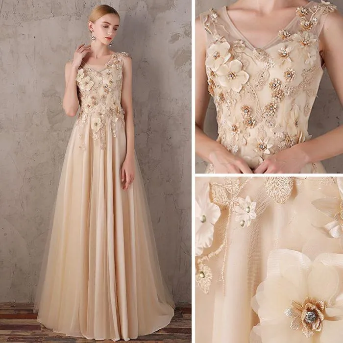 Flowy V-neck Lace Up Long Tulle Prom Dress