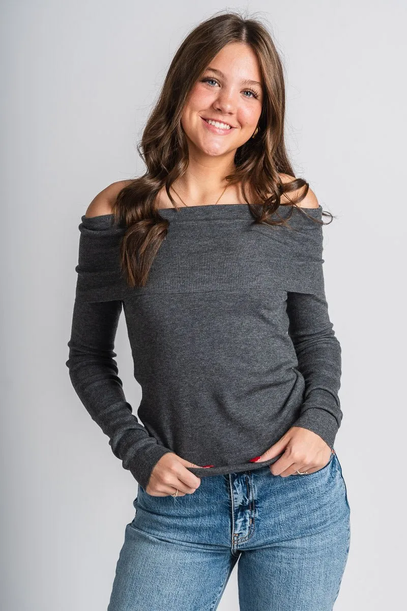 Fold over off shoulder sweater charcoal