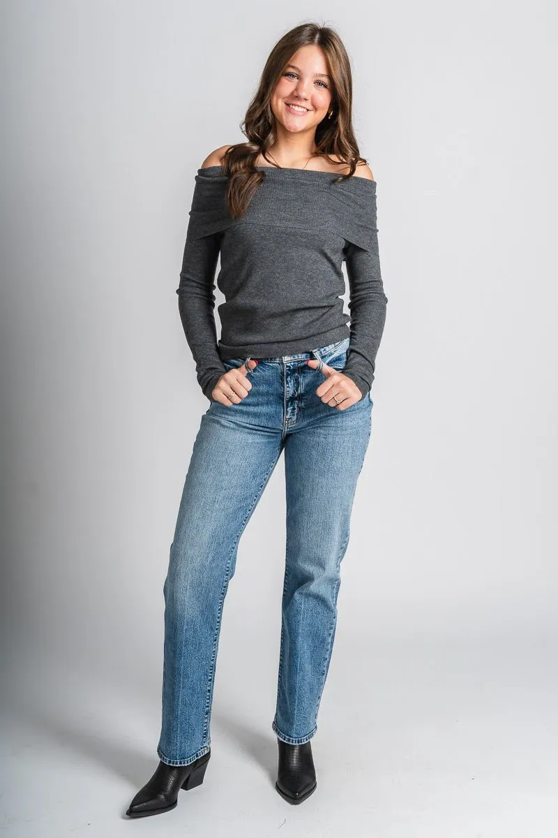 Fold over off shoulder sweater charcoal
