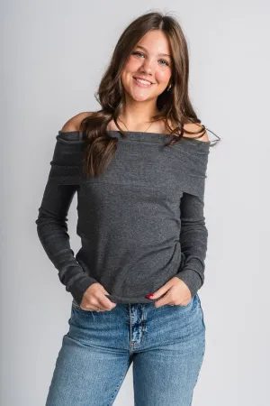Fold over off shoulder sweater charcoal