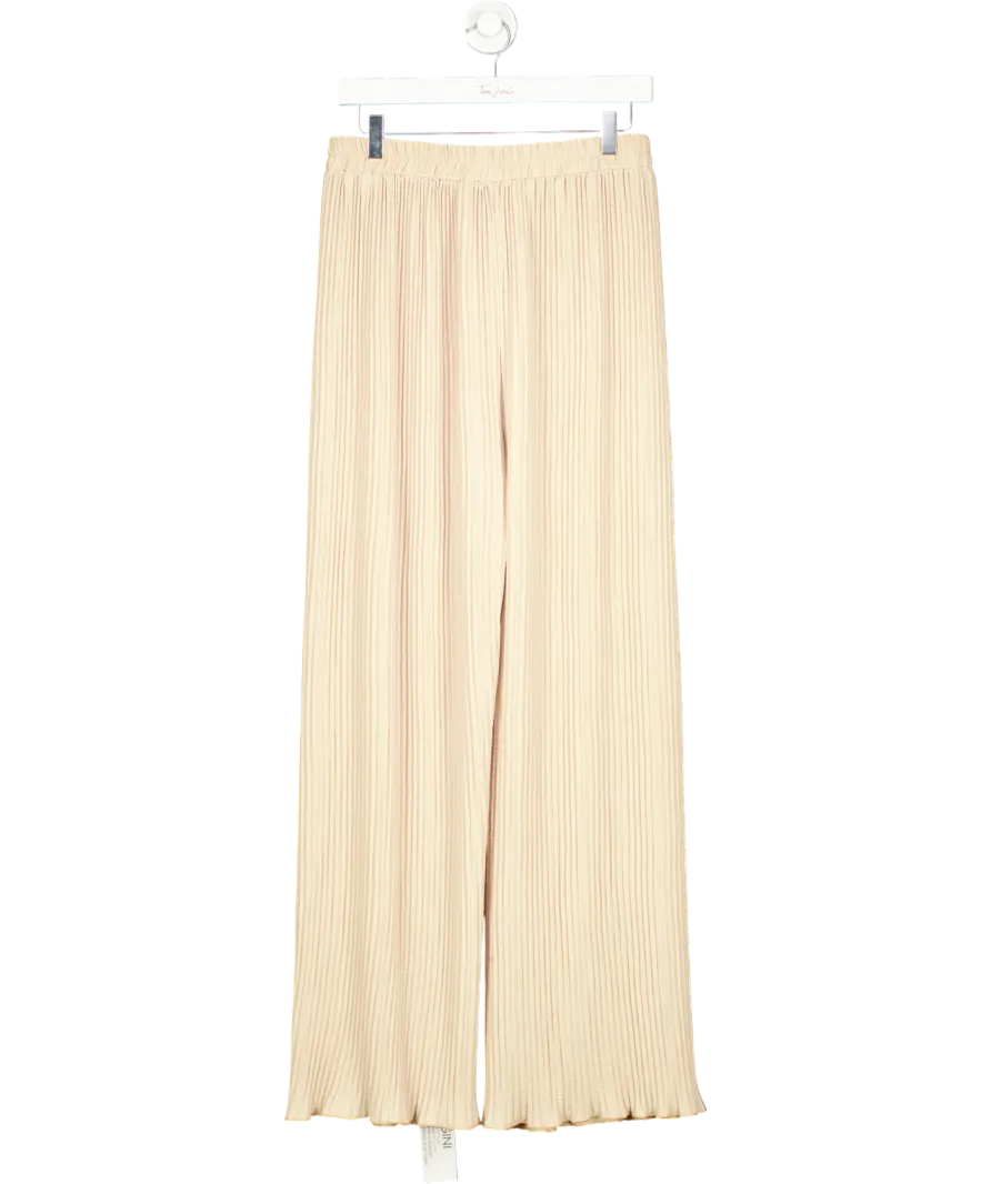 GINI London Beige Plisse Loungewear Wide Leg Trousers UK M/L