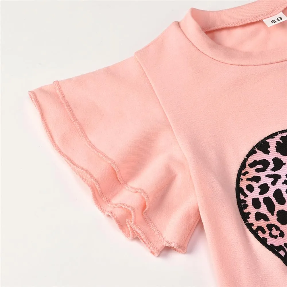 Girls Leopard Heart Printed Short Sleeve Top & Bell Trousers Girls Boutique Clothes Wholesale
