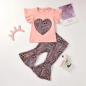 Girls Leopard Heart Printed Short Sleeve Top & Bell Trousers Girls Boutique Clothes Wholesale