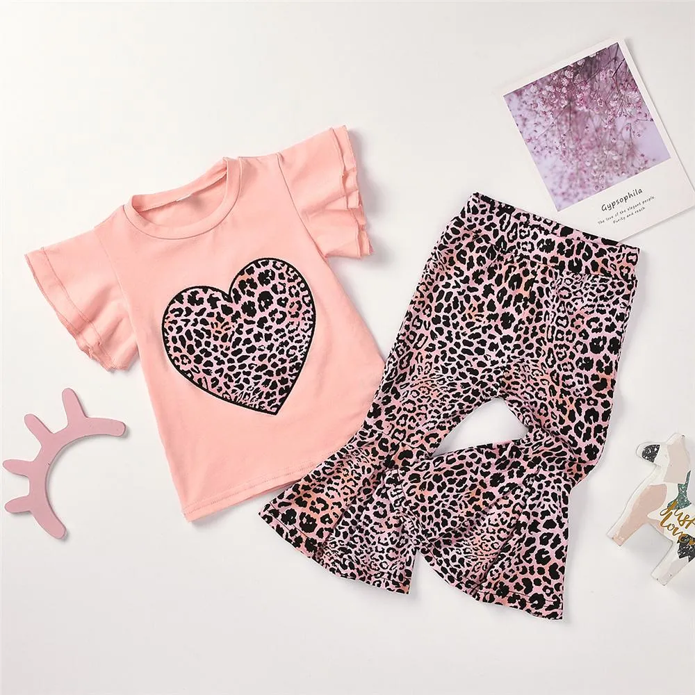 Girls Leopard Heart Printed Short Sleeve Top & Bell Trousers Girls Boutique Clothes Wholesale