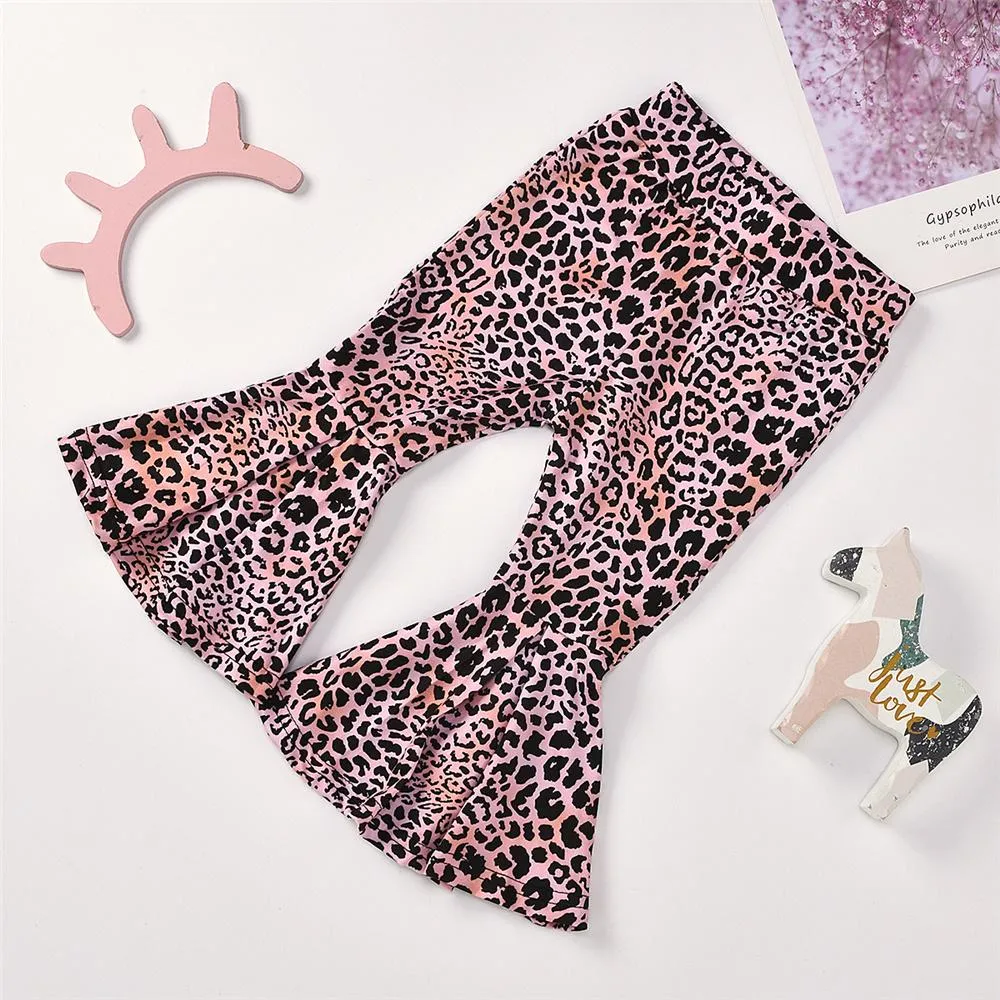 Girls Leopard Heart Printed Short Sleeve Top & Bell Trousers Girls Boutique Clothes Wholesale
