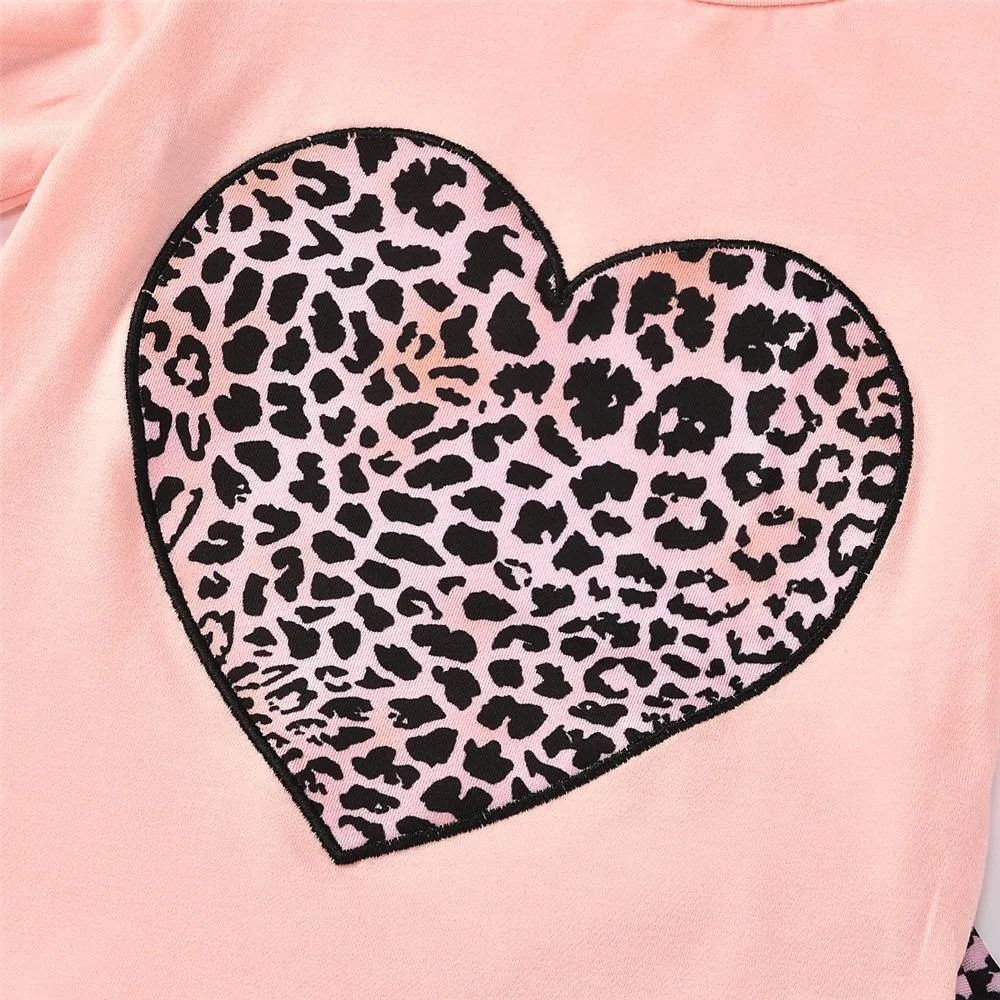 Girls Leopard Heart Printed Short Sleeve Top & Bell Trousers Girls Boutique Clothes Wholesale