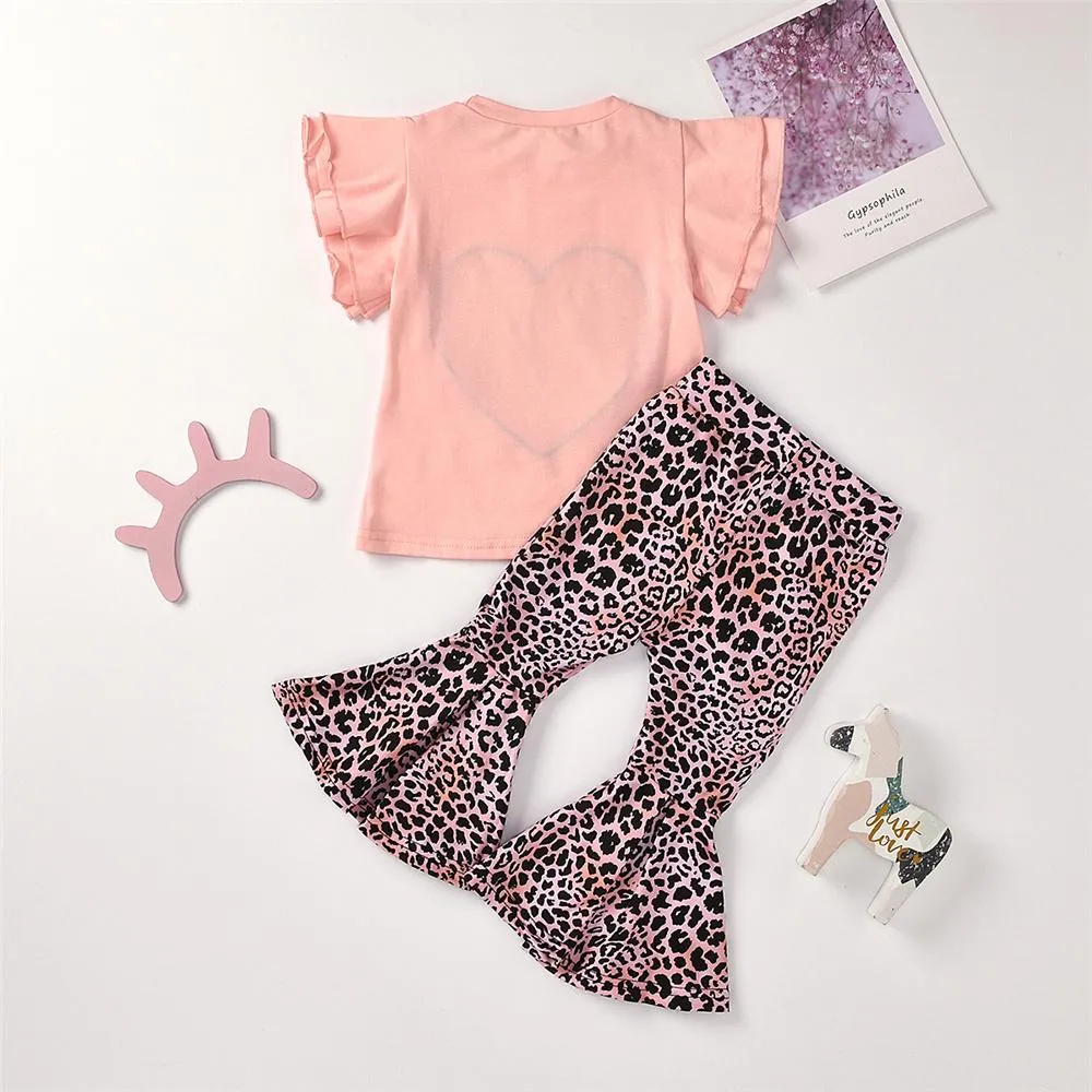 Girls Leopard Heart Printed Short Sleeve Top & Bell Trousers Girls Boutique Clothes Wholesale