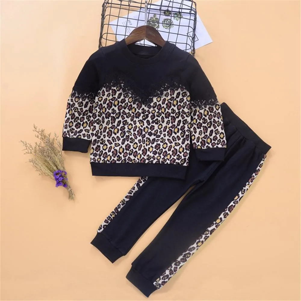 Girls Leopard Printed Long Sleeve T-shirt & Trousers Girl Wholesale