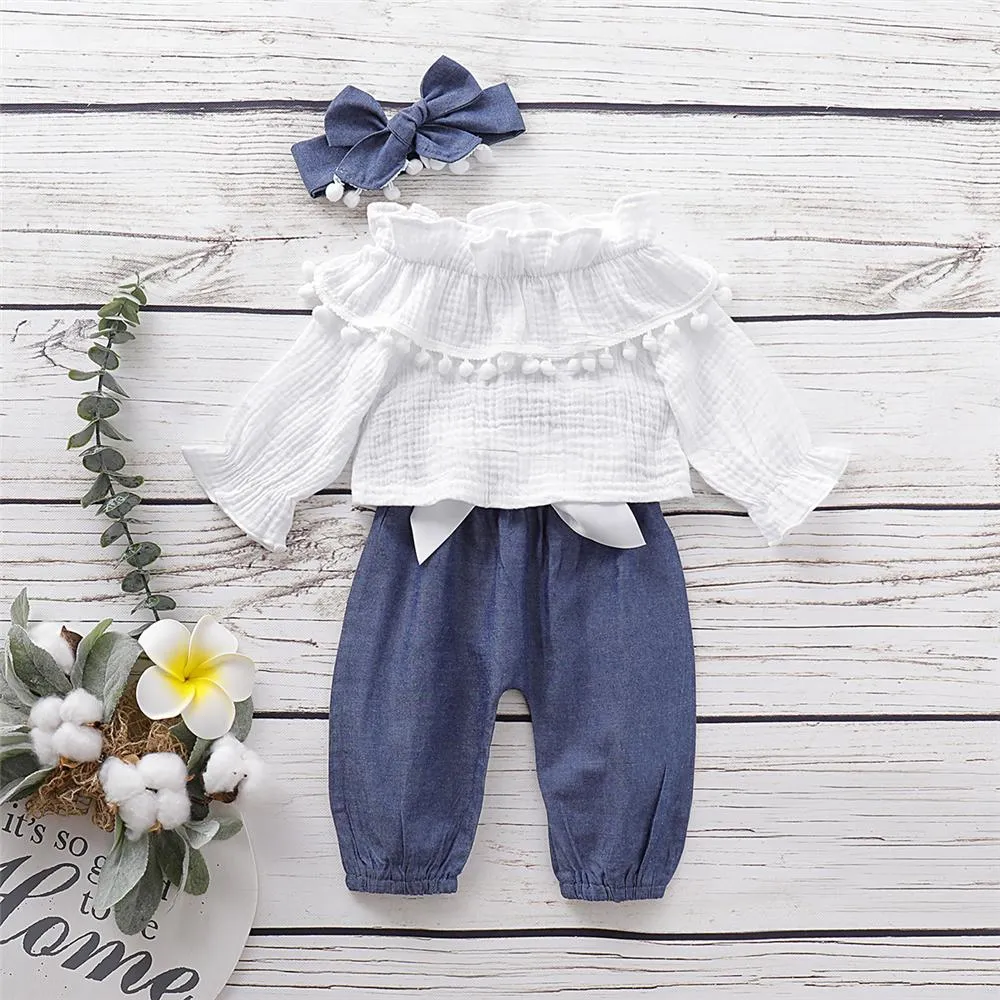 Girls Solid Color Casual Top & Trousers & Headband Girls Clothing Wholesale
