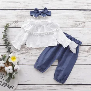 Girls Solid Color Casual Top & Trousers & Headband Girls Clothing Wholesale