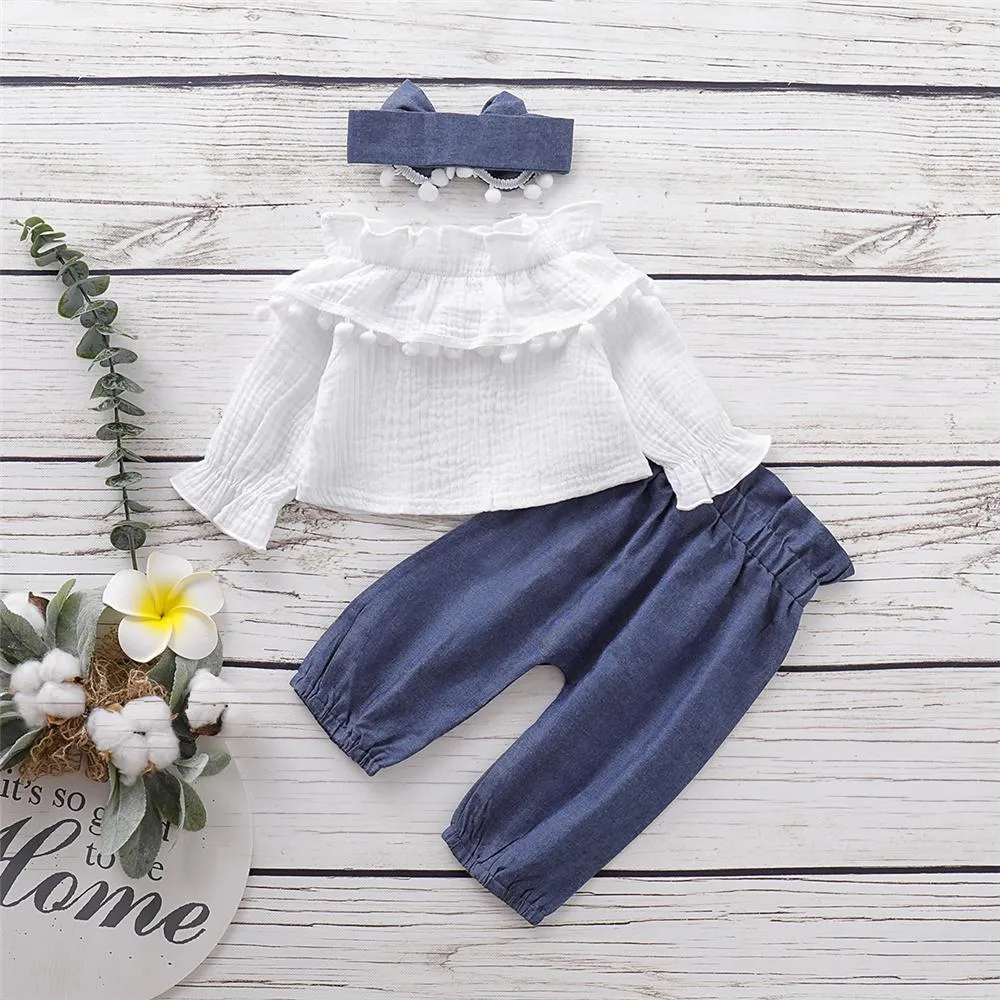 Girls Solid Color Casual Top & Trousers & Headband Girls Clothing Wholesale