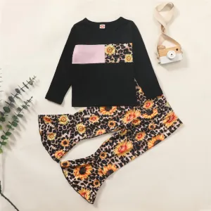 Girls Sunflower Leopard Printed Long Sleeve Top & Bell Trousers Kids Wholesale Clothing