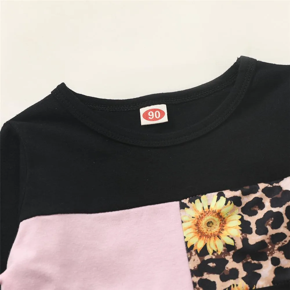 Girls Sunflower Leopard Printed Long Sleeve Top & Bell Trousers Kids Wholesale Clothing