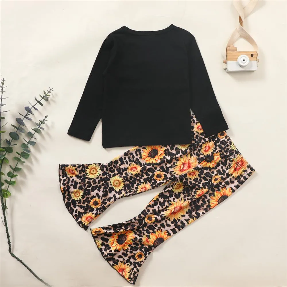 Girls Sunflower Leopard Printed Long Sleeve Top & Bell Trousers Kids Wholesale Clothing