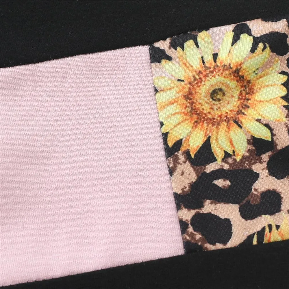 Girls Sunflower Leopard Printed Long Sleeve Top & Bell Trousers Kids Wholesale Clothing