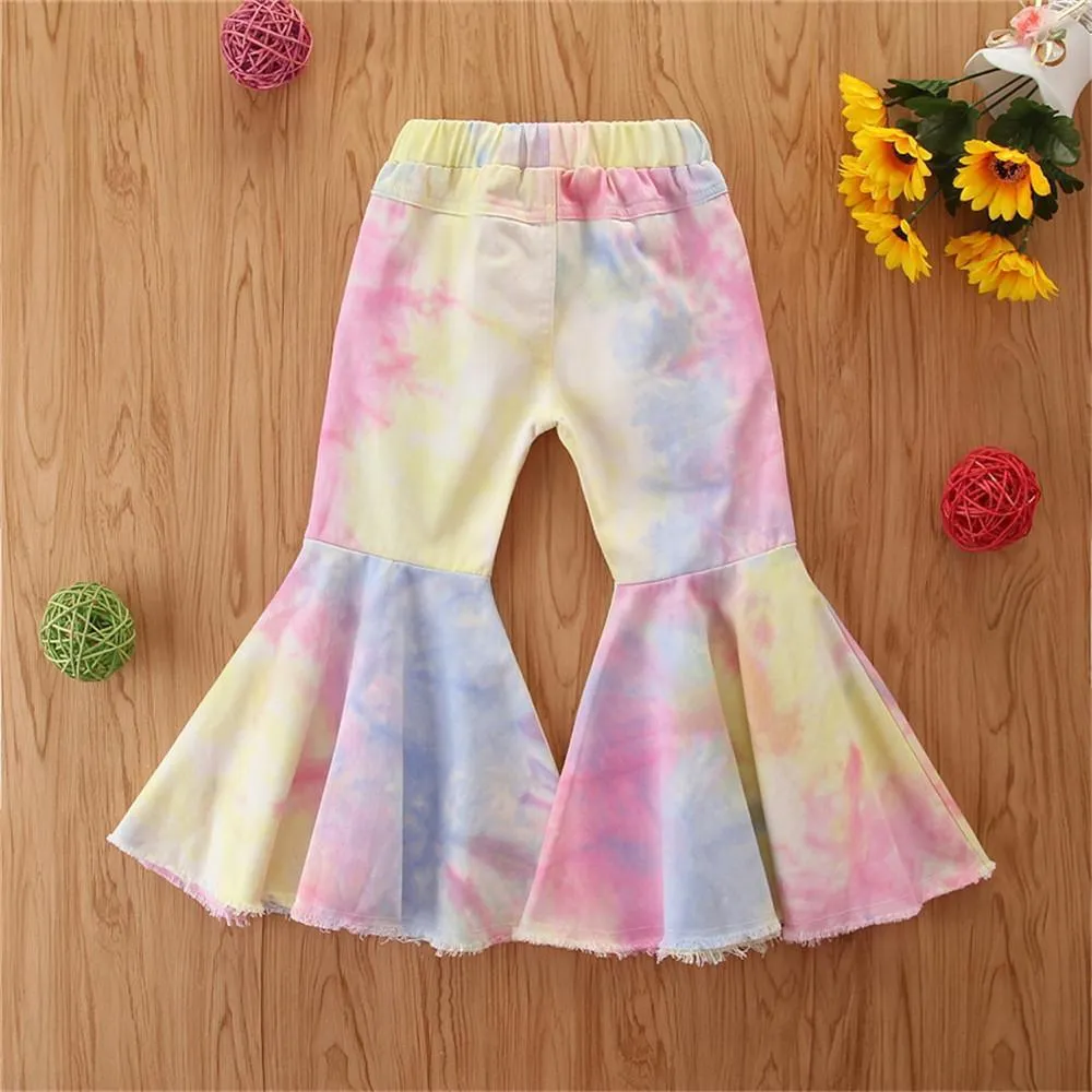 Girls Tie Dye Pocket Ripped Flared Trousers Wholesale Kids