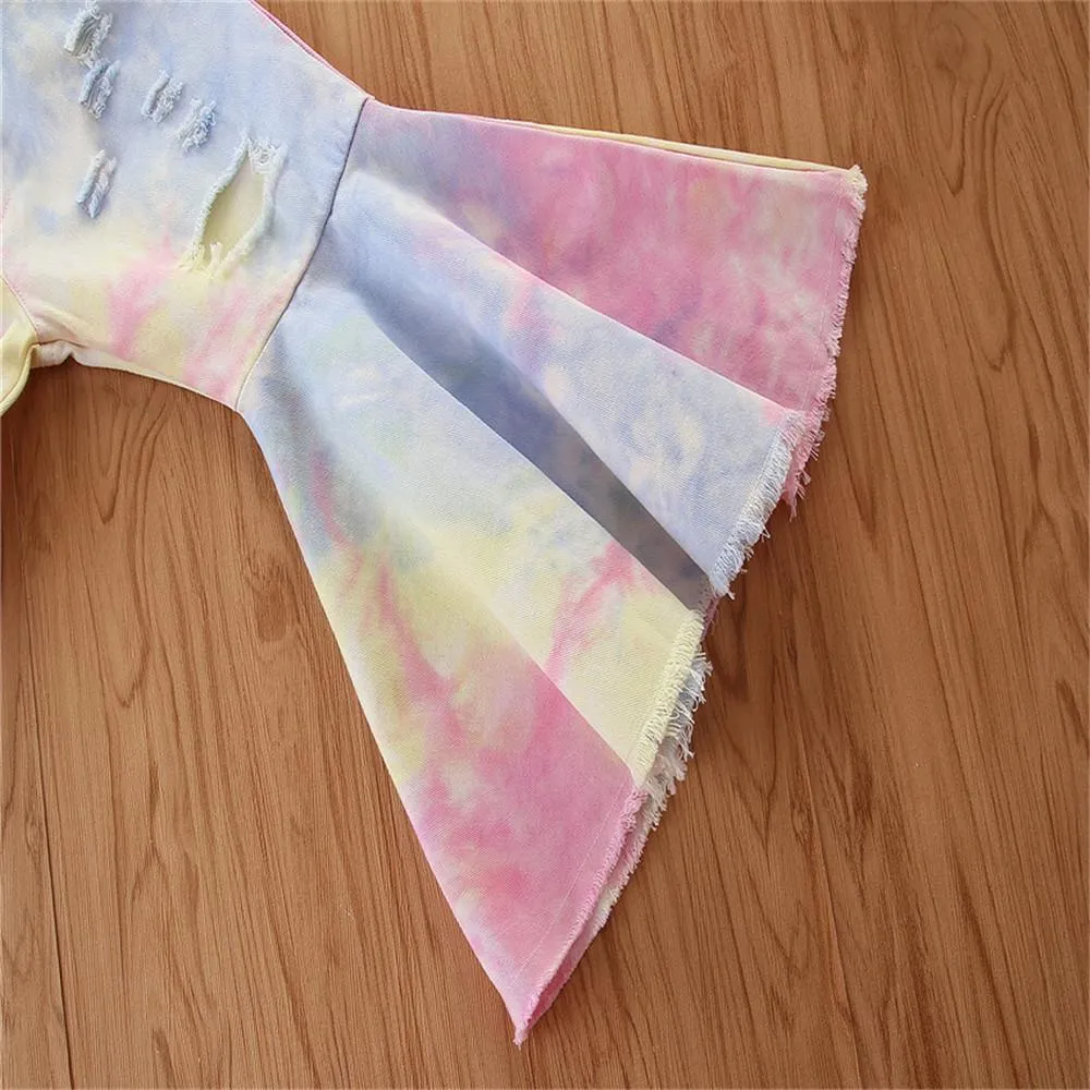 Girls Tie Dye Pocket Ripped Flared Trousers Wholesale Kids