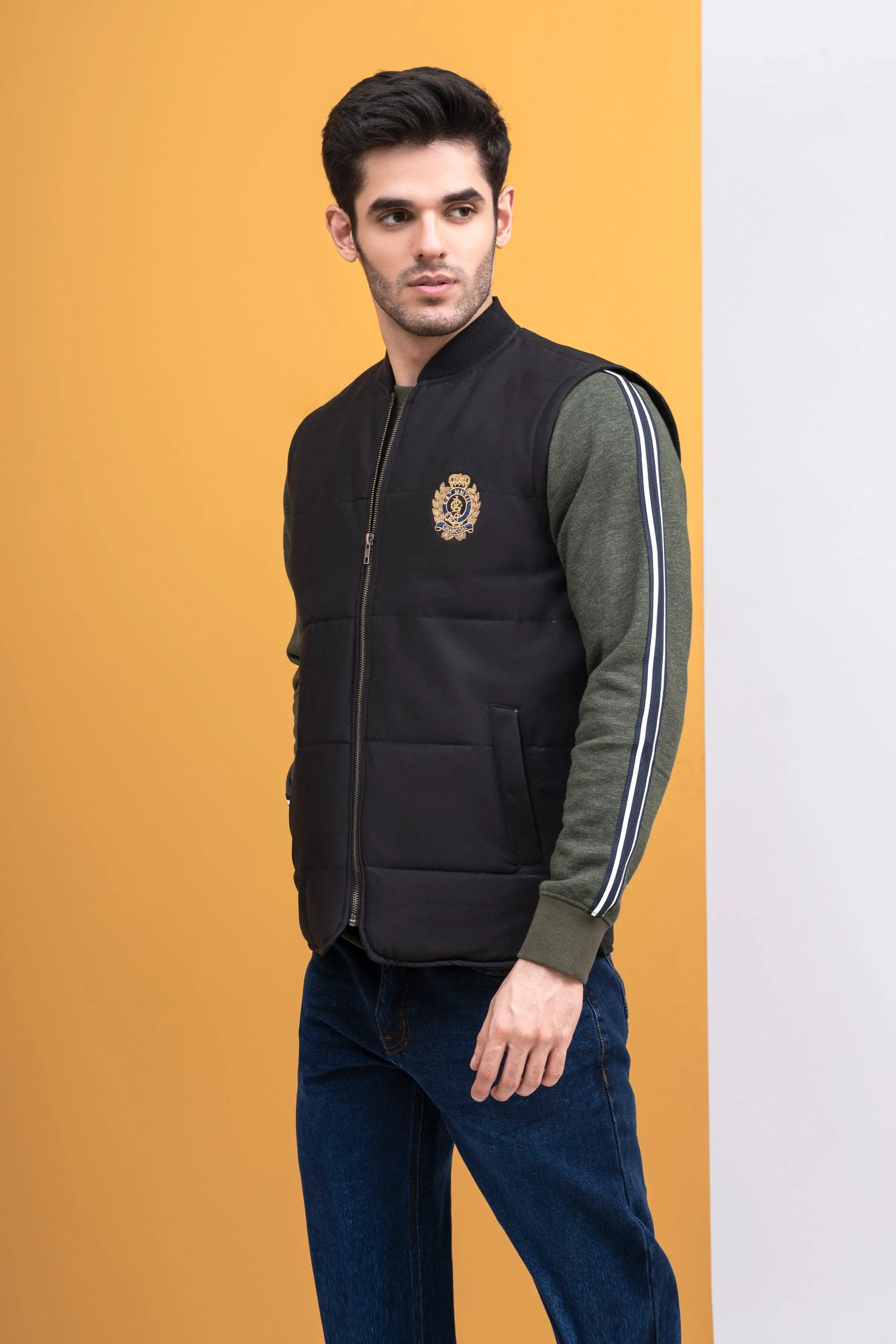 JACKET QUILTED WITH RIB BAN S/L BLACK