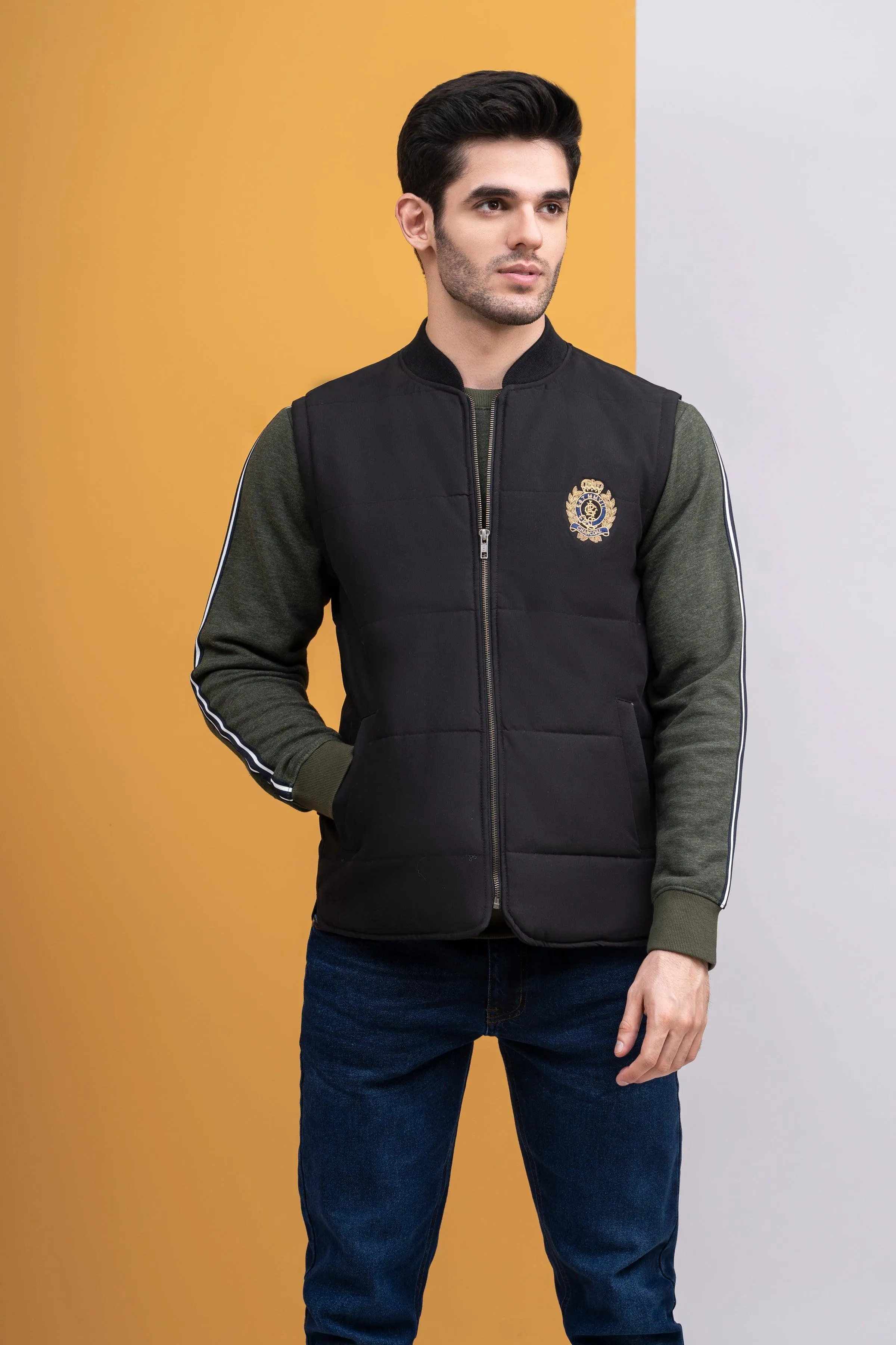 JACKET QUILTED WITH RIB BAN S/L BLACK