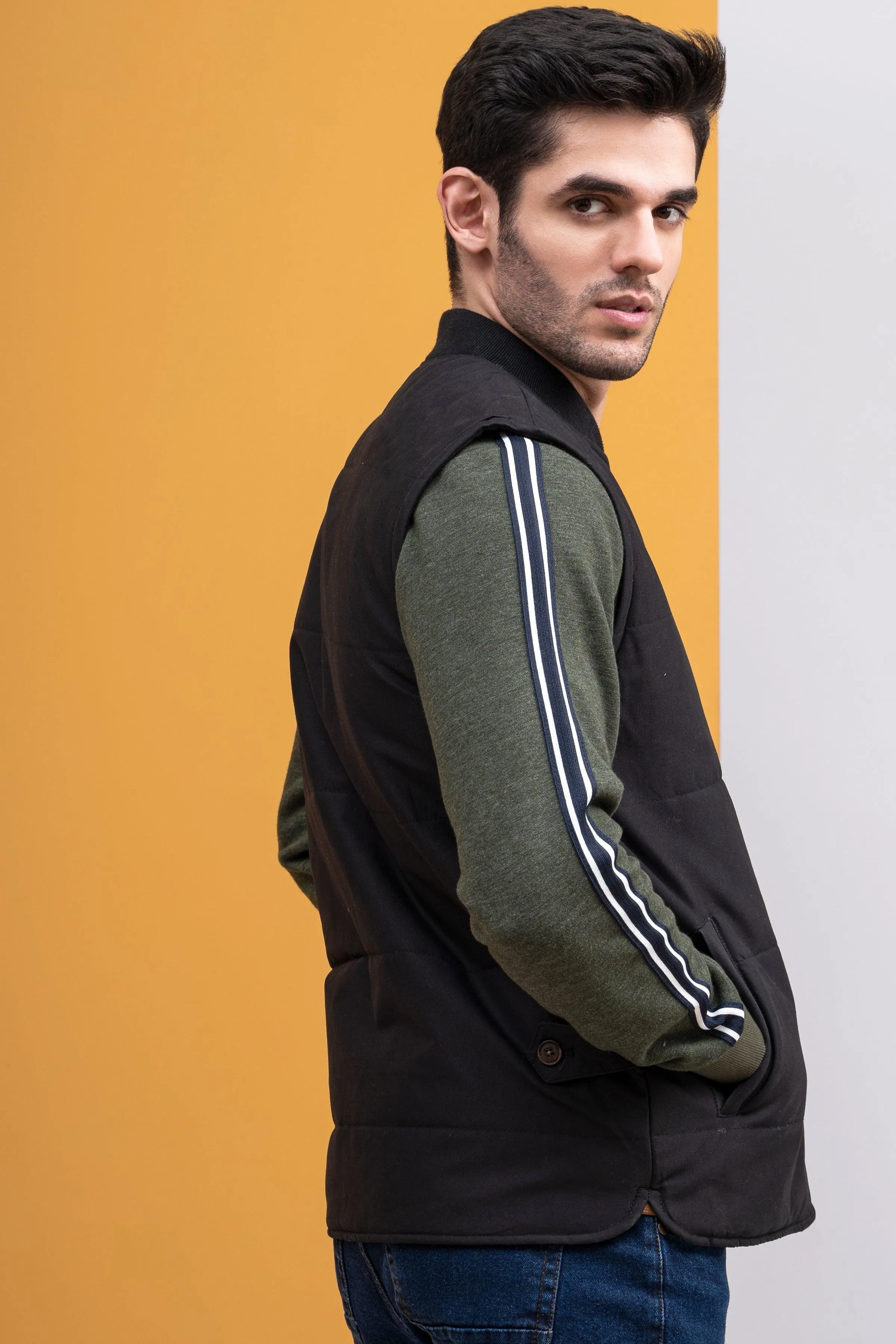 JACKET QUILTED WITH RIB BAN S/L BLACK