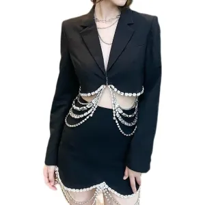 Luxury Crystal Chain Cropped Top Blazer Wrap   Skirts Set