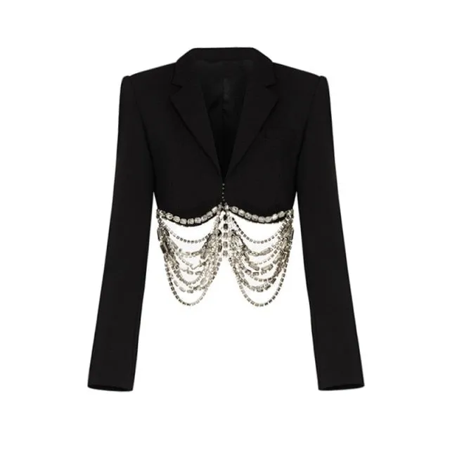 Luxury Crystal Chain Cropped Top Blazer Wrap   Skirts Set