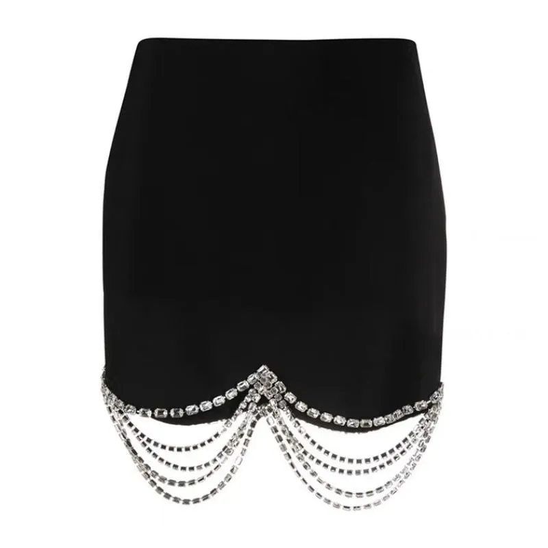 Luxury Crystal Chain Cropped Top Blazer Wrap   Skirts Set