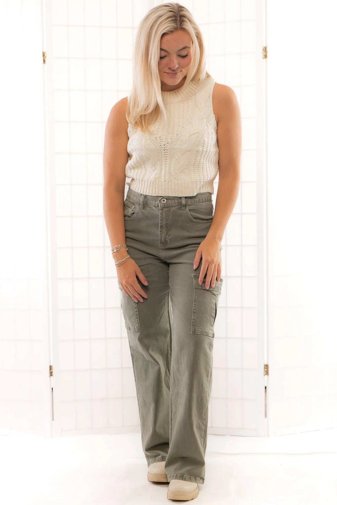 Maybell Cable Knit Ivory Sleeveless Sweater