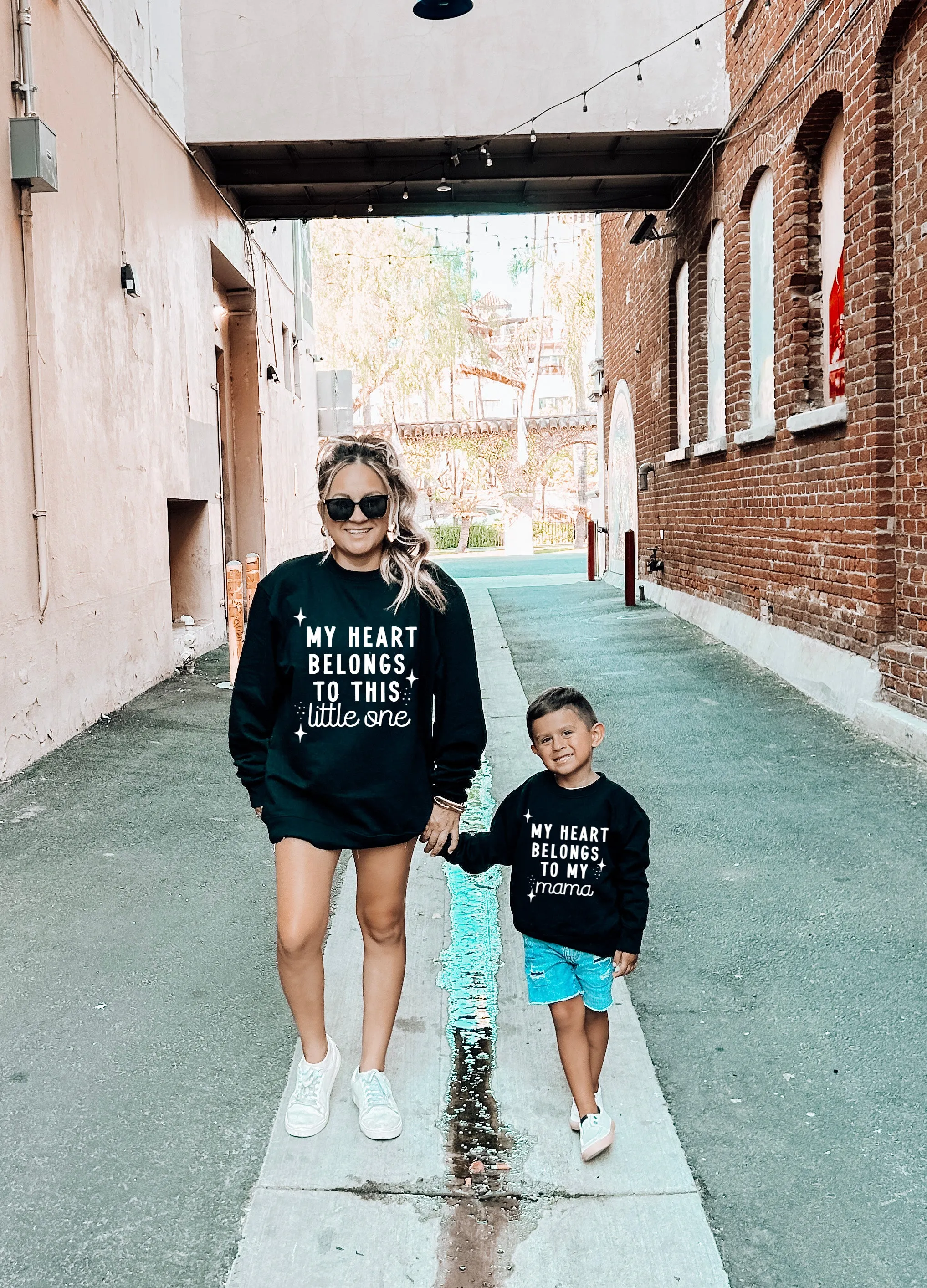 My heart belongs to / son / daughter / mama- Black Mommy & Me Oversized Sweatshirts
