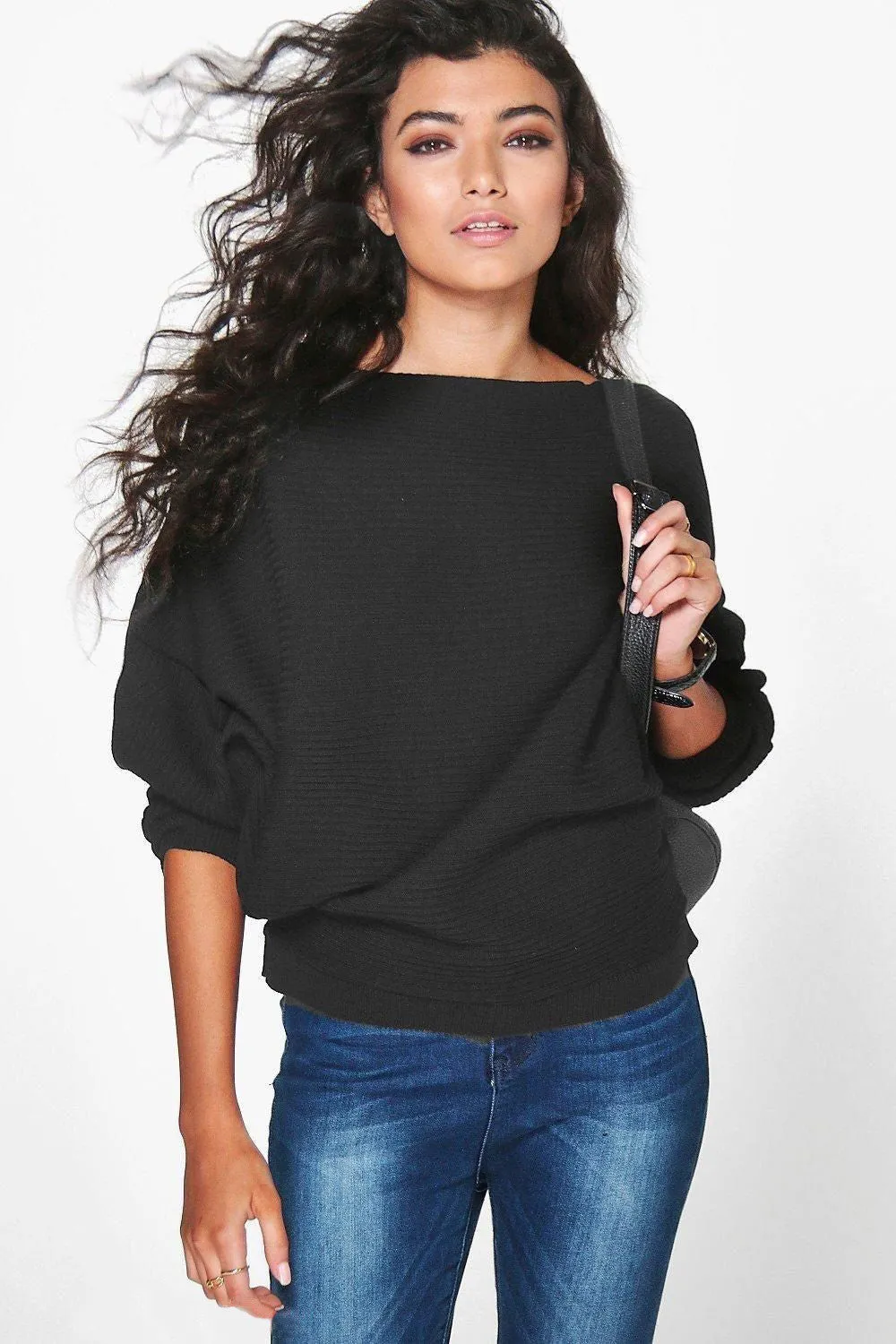 Pure Color Long Bat-wing Sleeves Loose Scoop Regular Sweater