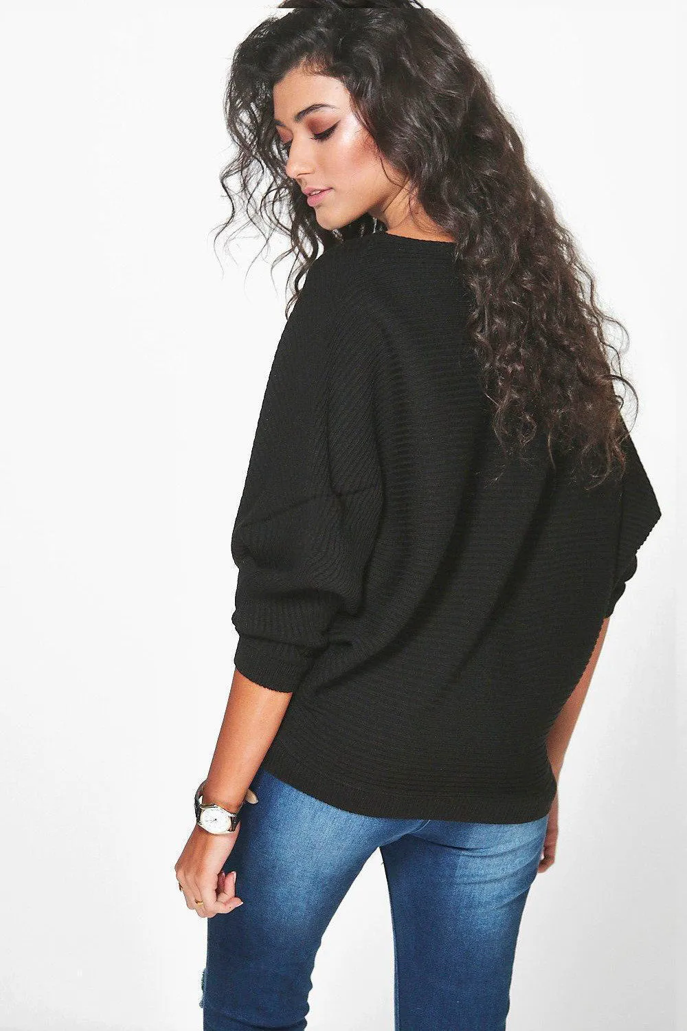 Pure Color Long Bat-wing Sleeves Loose Scoop Regular Sweater