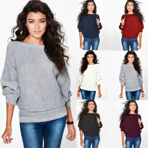 Pure Color Long Bat-wing Sleeves Loose Scoop Regular Sweater