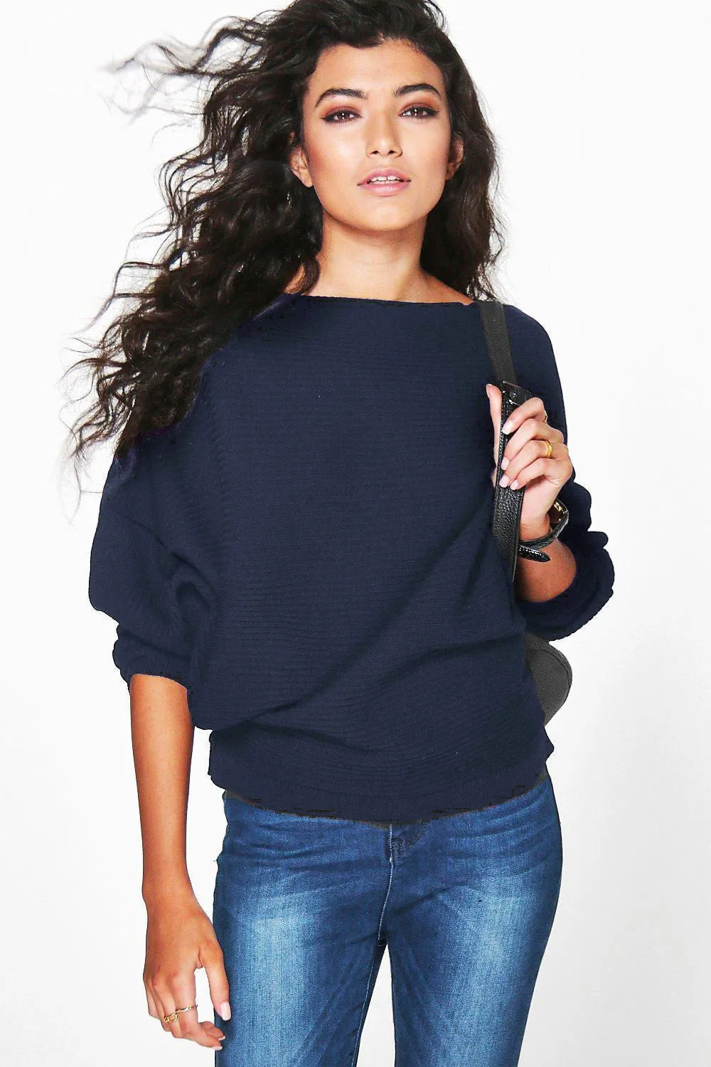 Pure Color Long Bat-wing Sleeves Loose Scoop Regular Sweater
