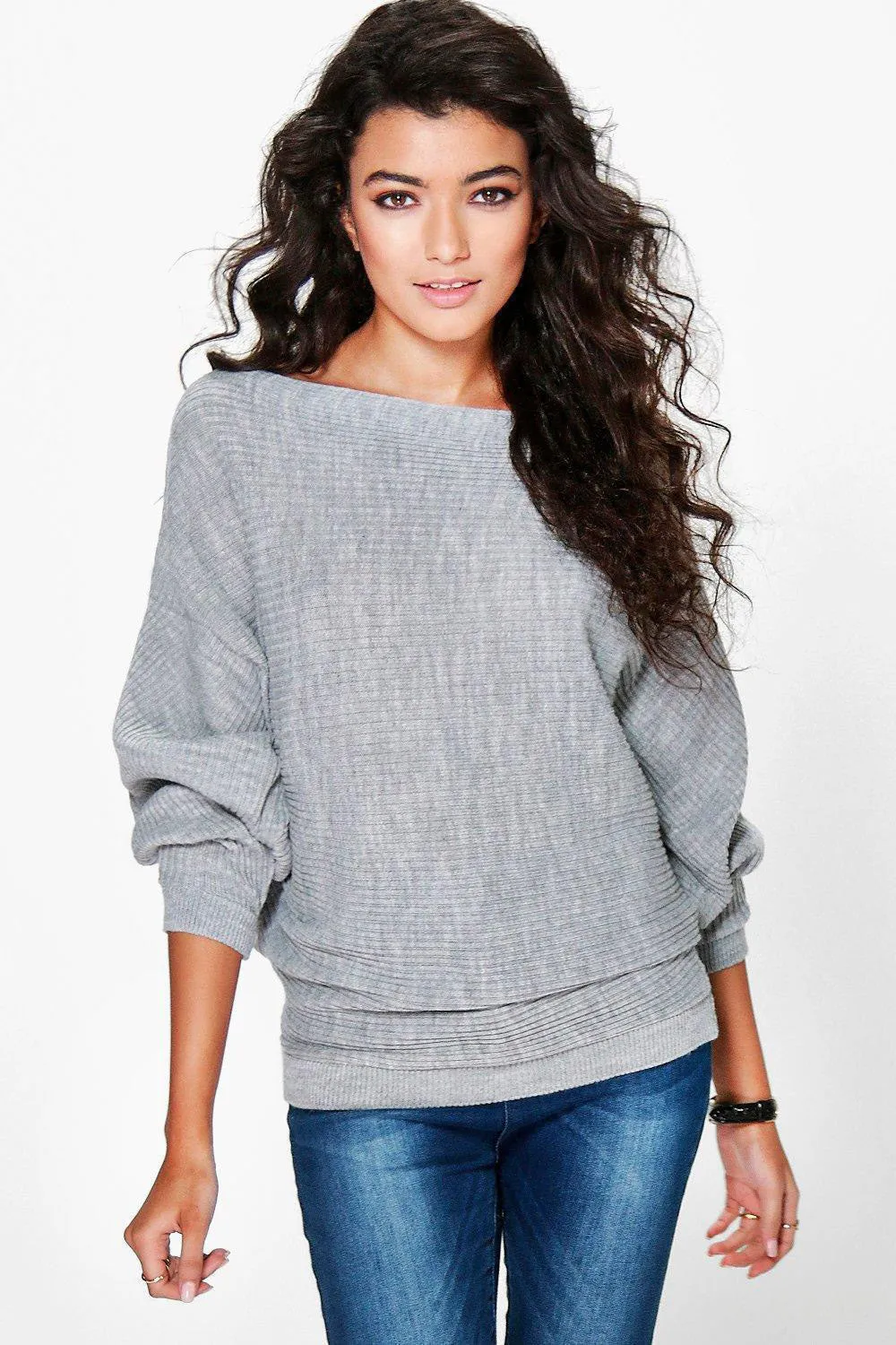 Pure Color Long Bat-wing Sleeves Loose Scoop Regular Sweater