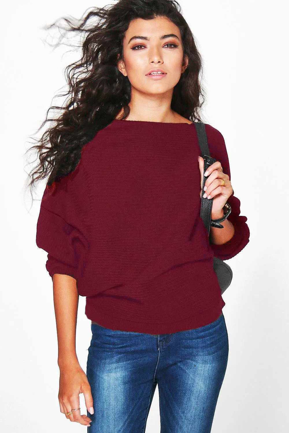 Pure Color Long Bat-wing Sleeves Loose Scoop Regular Sweater