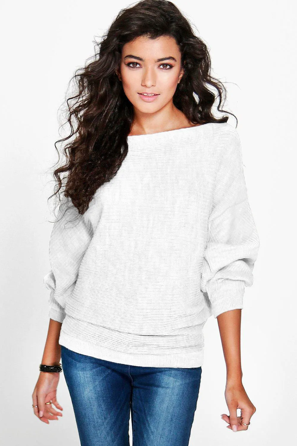 Pure Color Long Bat-wing Sleeves Loose Scoop Regular Sweater