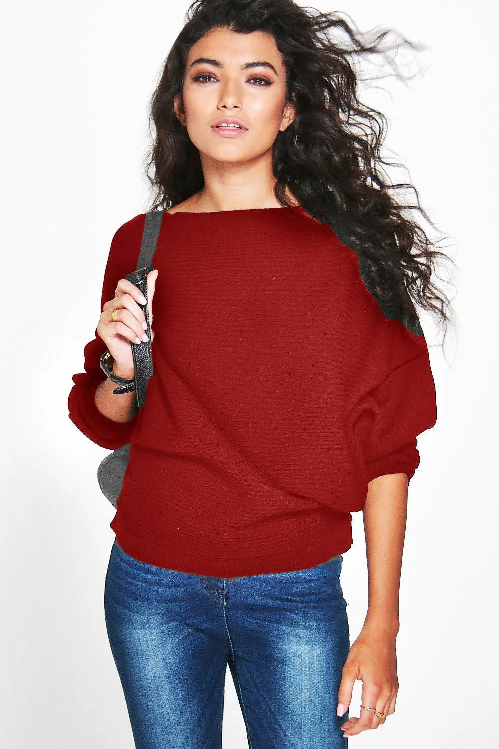 Pure Color Long Bat-wing Sleeves Loose Scoop Regular Sweater