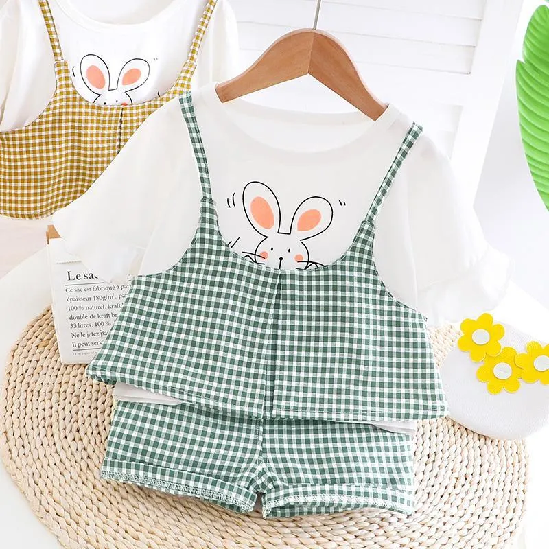 Rabbit Printed Plaid T-shirt & Plaid Shorts Set