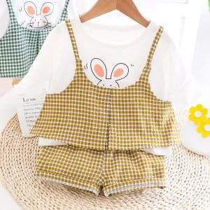 Rabbit Printed Plaid T-shirt & Plaid Shorts Set