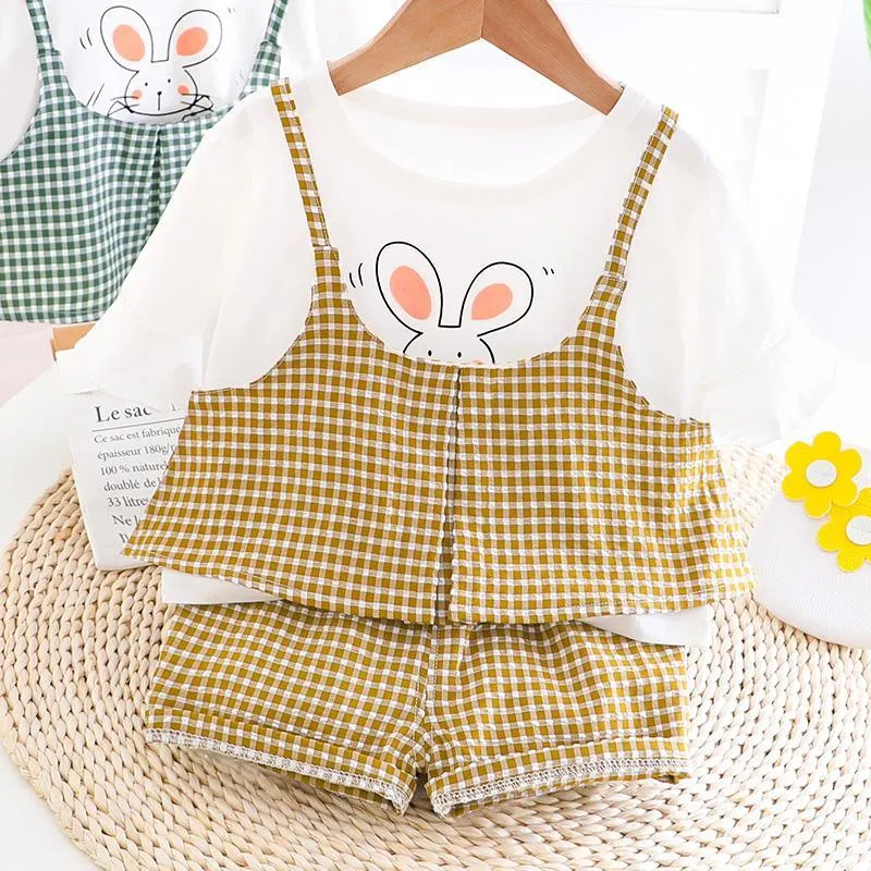 Rabbit Printed Plaid T-shirt & Plaid Shorts Set
