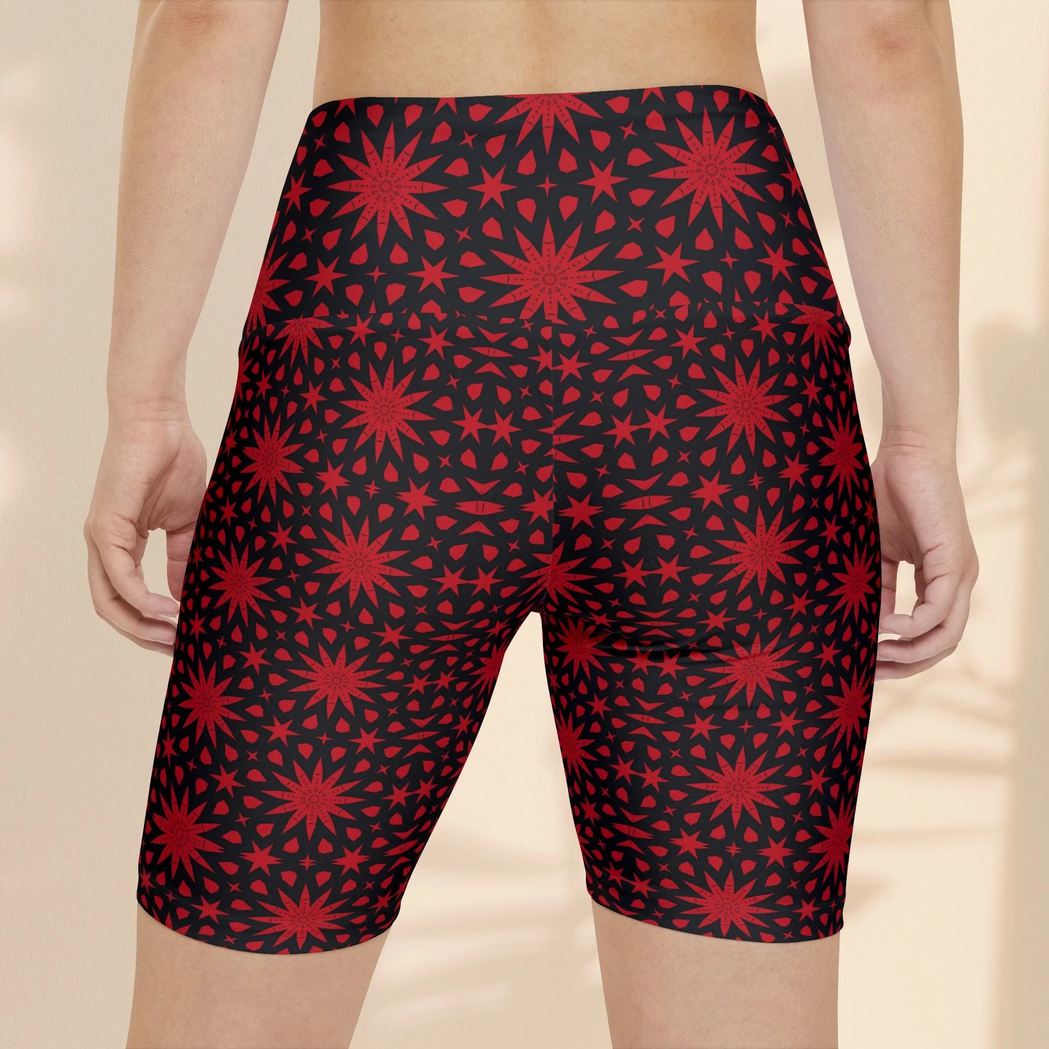 Red Spiral Stars Workout Shorts with Red Star Design