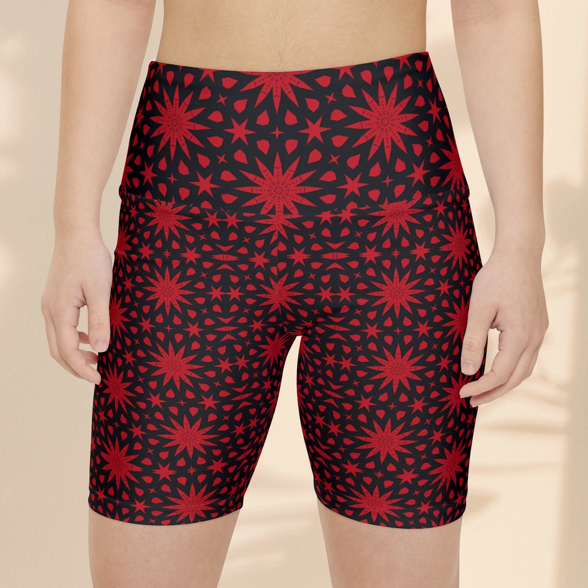 Red Spiral Stars Workout Shorts with Red Star Design